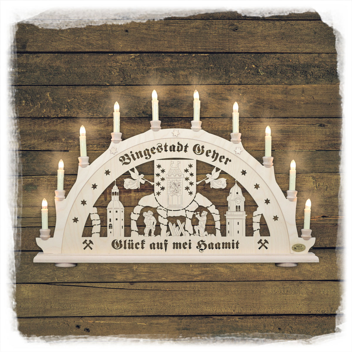 Erzgebirgs-Schwibbogen 'Geyer' '10 flammig' (LED Optional) 66x6x44cm