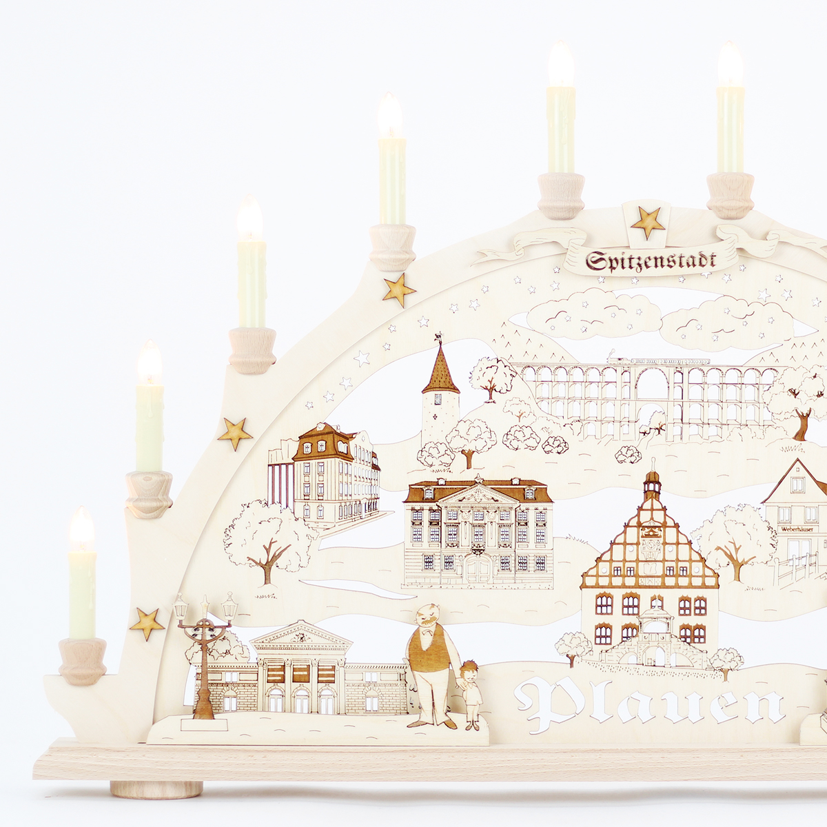 Erzgebirgs - Schwibbogen 2D 'Plauen' graviert 10 flammig (LED Optional) 66x6x44cm