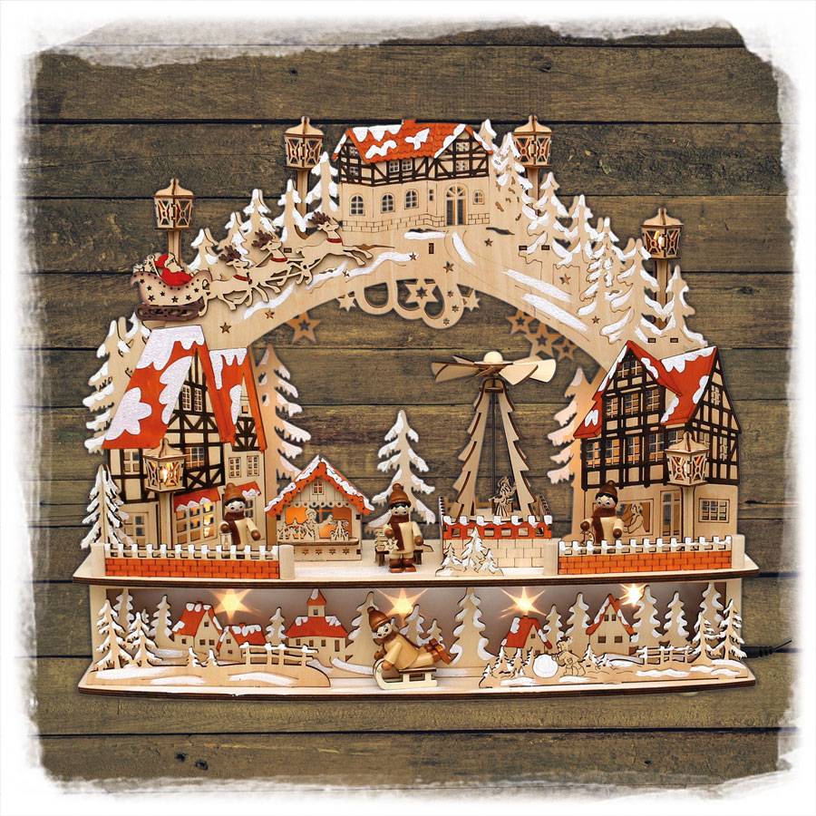 Schwibbogen 'winterlicher Weihnachtsmarkt in der Altstadt' mit bewegter Pyramide und Sound
