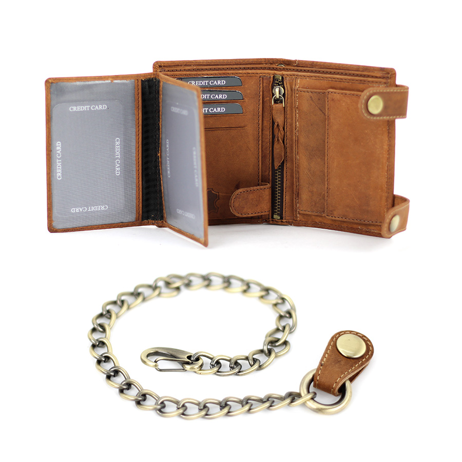 Herren Geldbörse hellbraun aus Büffelleder Hochformat mit Kette & Doppelriegel mit Druckknopf