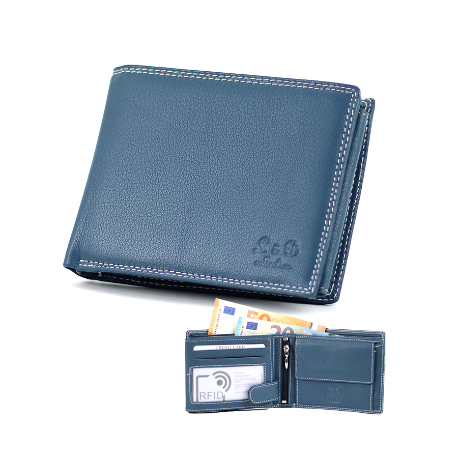 Herren Geldbörse blau aus Ziegenleder Querformat mit RFID Schutz