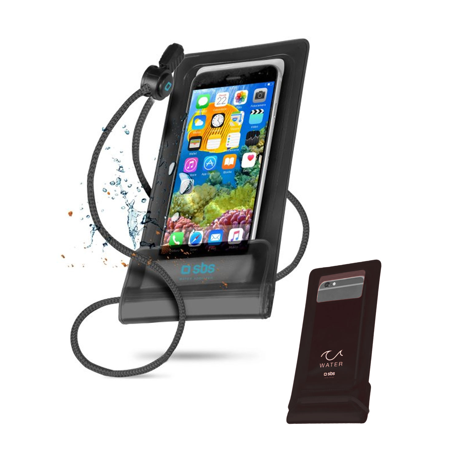 Wasserdichte Smartphone-Hülle bis 6,5 Zoll, schwarz inklusive Umhängeschnur