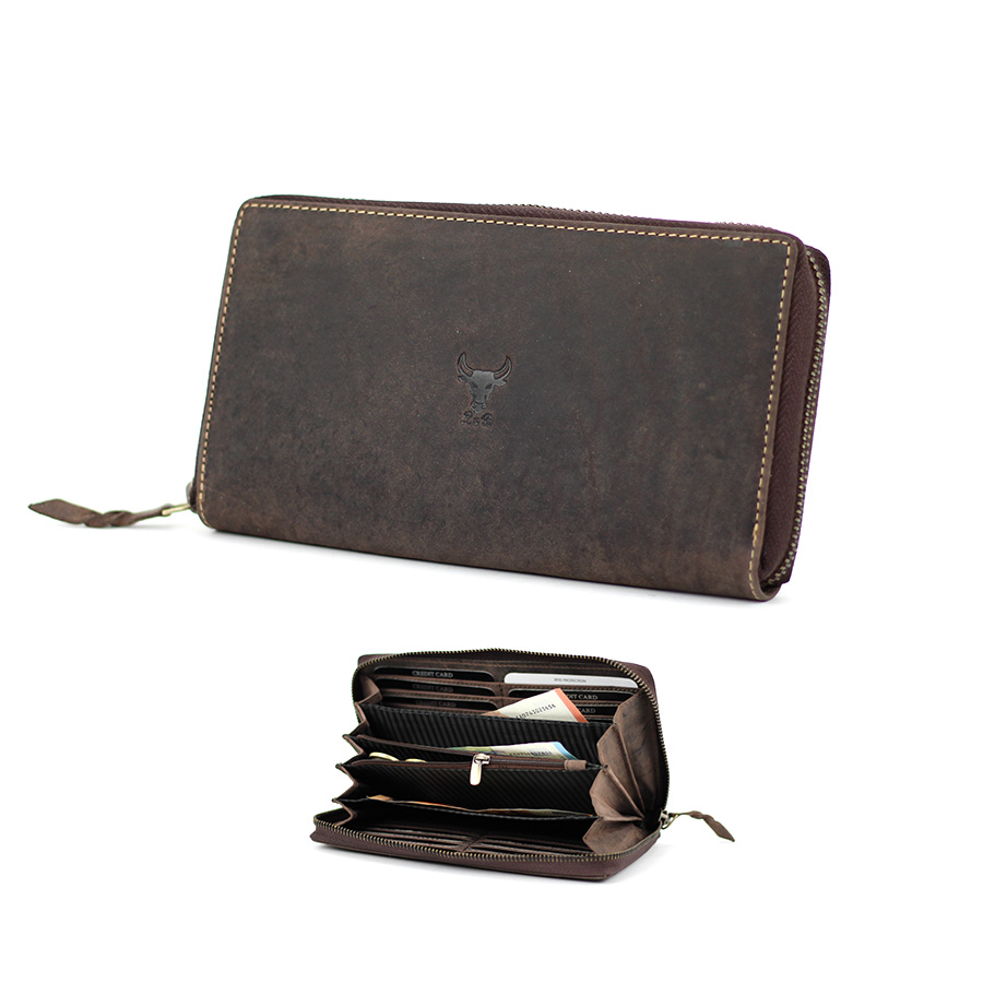 Damen Geldbörse schwarz aus Büffelleder Querformat mit Reißverschluss & RFID Schutz