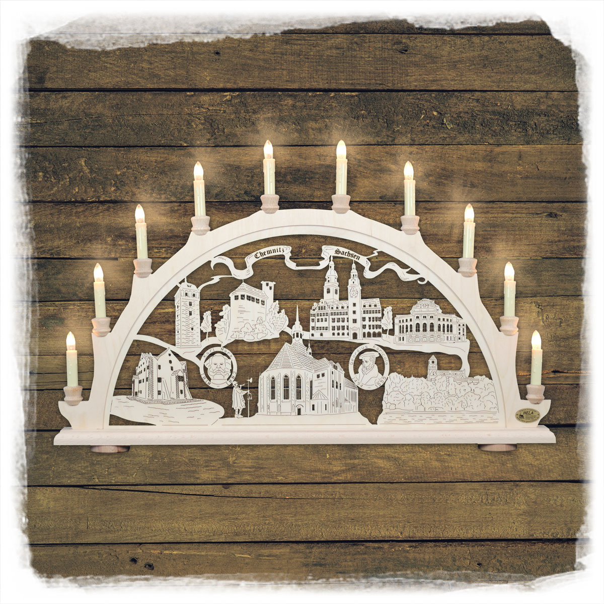 Erzgebirgs-Schwibbogen 'Chemnitz' '10 flammig'  (LED Optional) 66x6x44cm