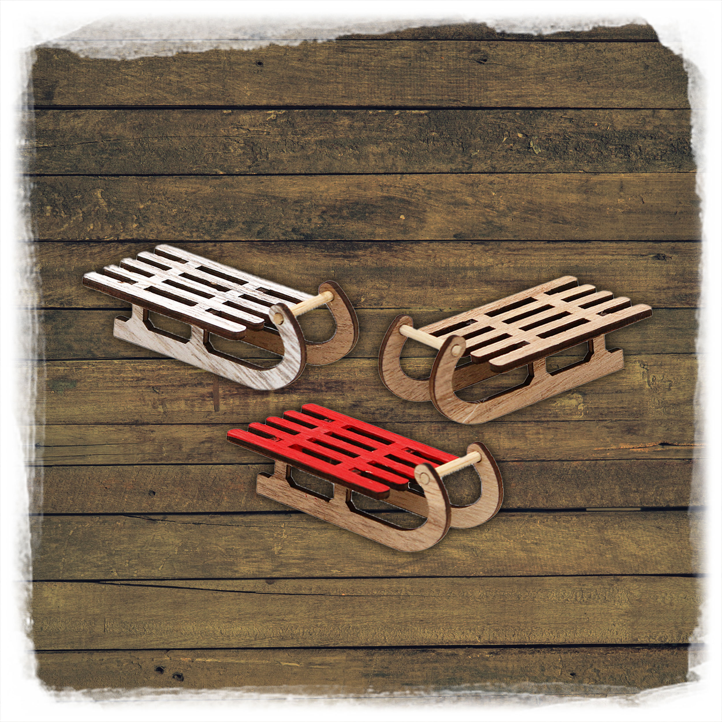 Holz Schlitten 6er Set 8x4x3cm