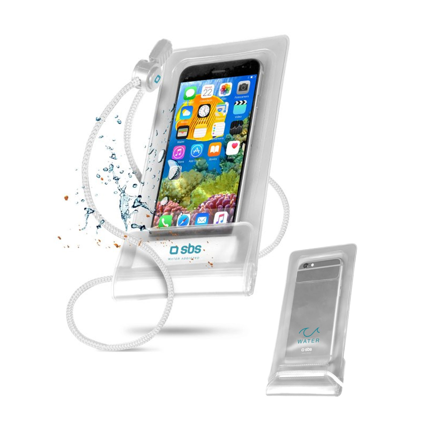Wasserdichte Smartphone-Hülle bis 6,5 Zoll, transparent/ weiß inklusive Umhängeschnur