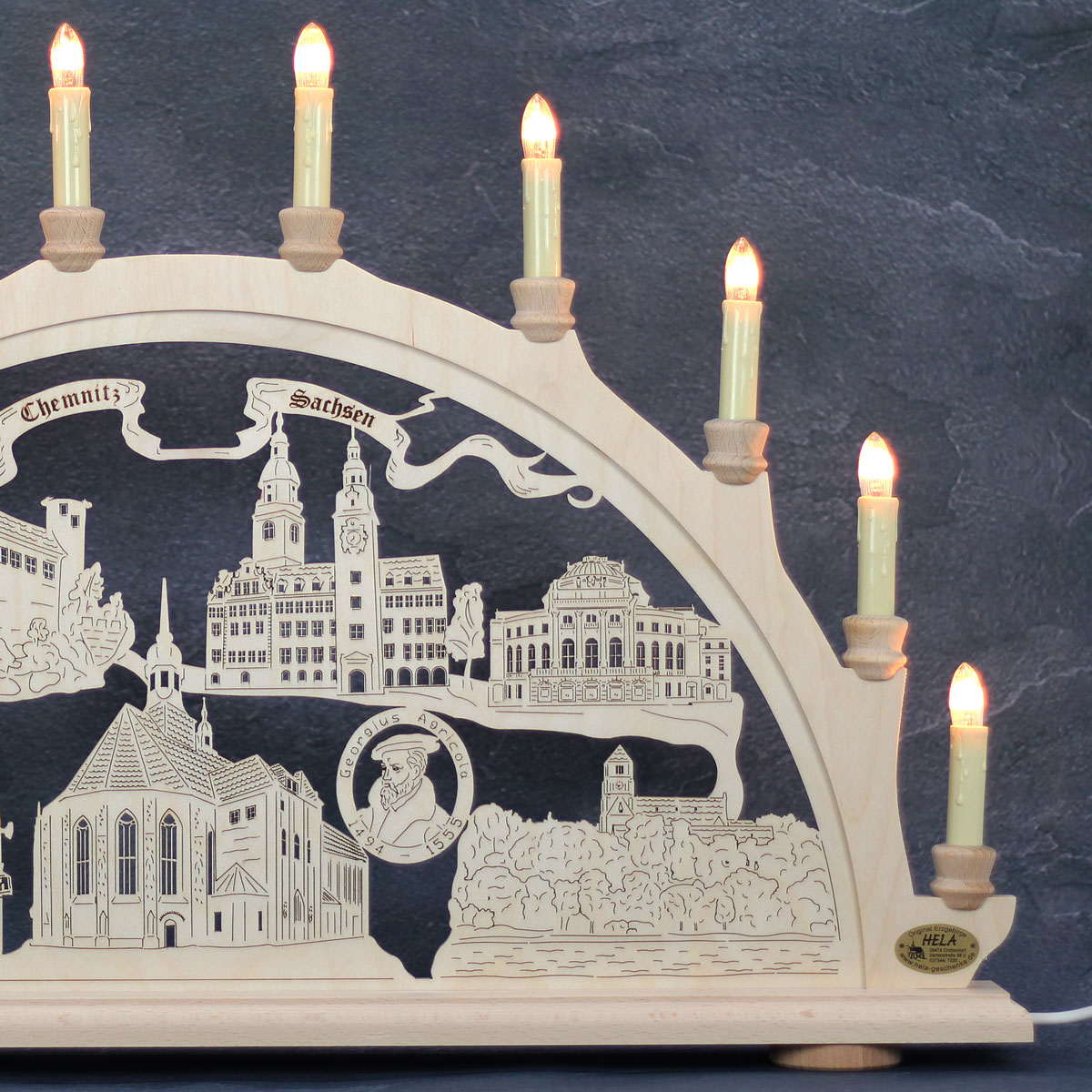 Erzgebirgs-Schwibbogen 'Chemnitz' '10 flammig'  (LED Optional) 66x6x44cm