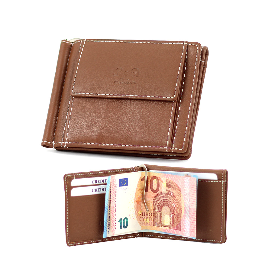 Herren Geldbörse braun aus Ziegenleder mit Geldschein-Klammer Querformat ohne RFID Schutz