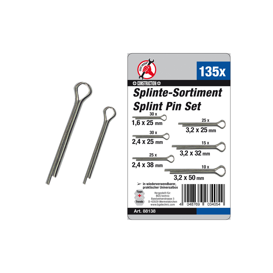 Splinte-Sortiment  Ø 1,6 - 3,2mm, 135-tlg. Kraftmann