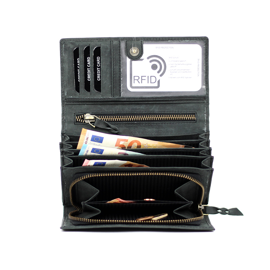 Damen Geldbörse schwarz aus Büffelleder Querformat mit Einschubfach aussen & RFID Schutz