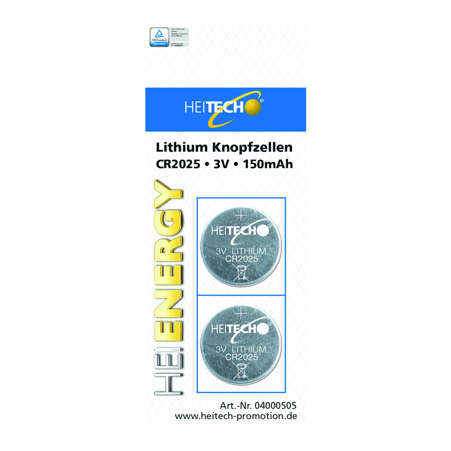 Knopfzellen CR2025 Lithium '2er Pack' HEITECH