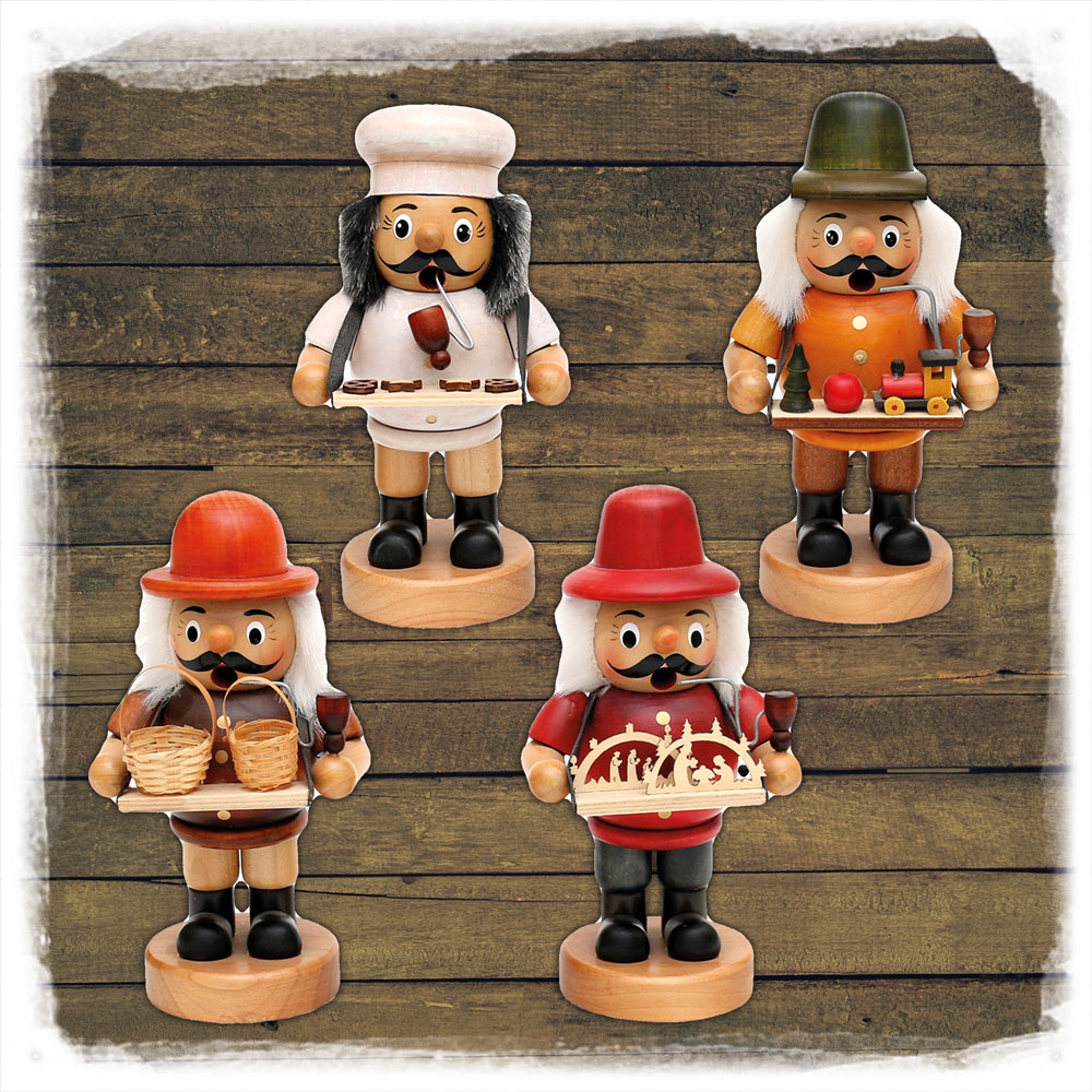 'Bäcker, Korbflechter, Spielzeug, Schwibbögen' Räucherfigur mit Bauchladen (16cm)