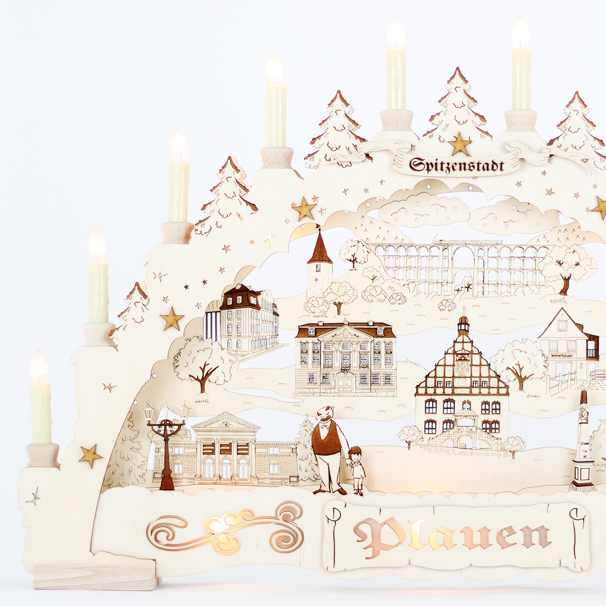 Erzgebirgs - Schwibbogen 3D 'Plauen Premium graviert' indirekt 15 flammig (LED Optional) 66x6x44cm