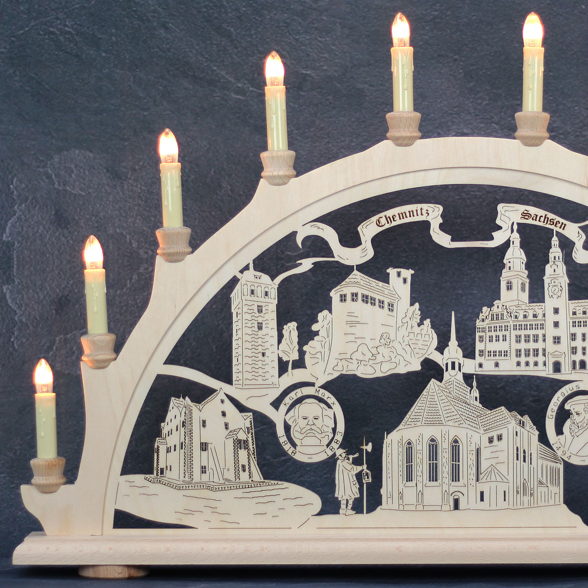 Erzgebirgs-Schwibbogen 'Chemnitz' '10 flammig'  (LED Optional) 66x6x44cm