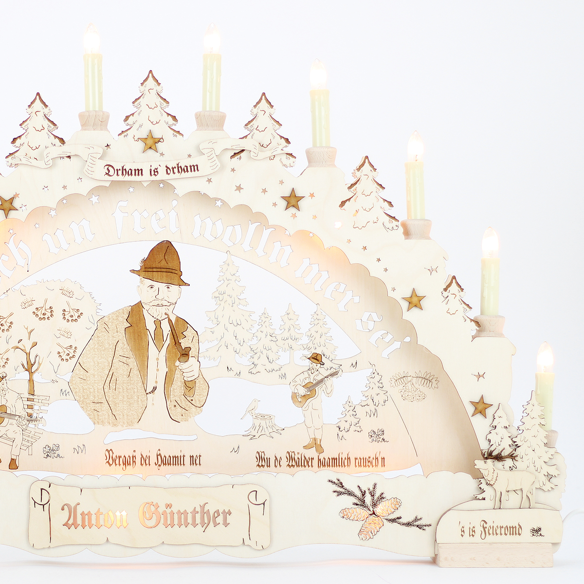 Erzgebirgs - Schwibbogen 3D  'Anton Günther' Premium graviert 15 flammig (LED Optional) 66x6x44cm 