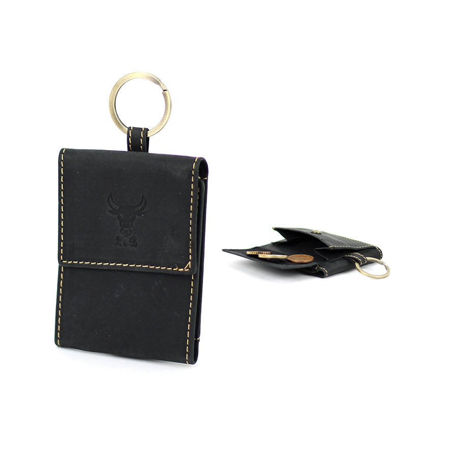 Mini Geldbörse schwarz aus Büffelleder mit Schlüsselring