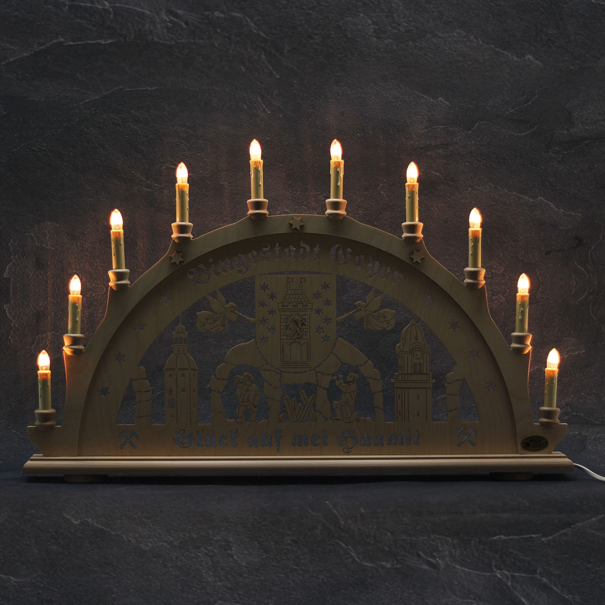 Erzgebirgs-Schwibbogen 'Geyer' '10 flammig' (LED Optional) 66x6x44cm