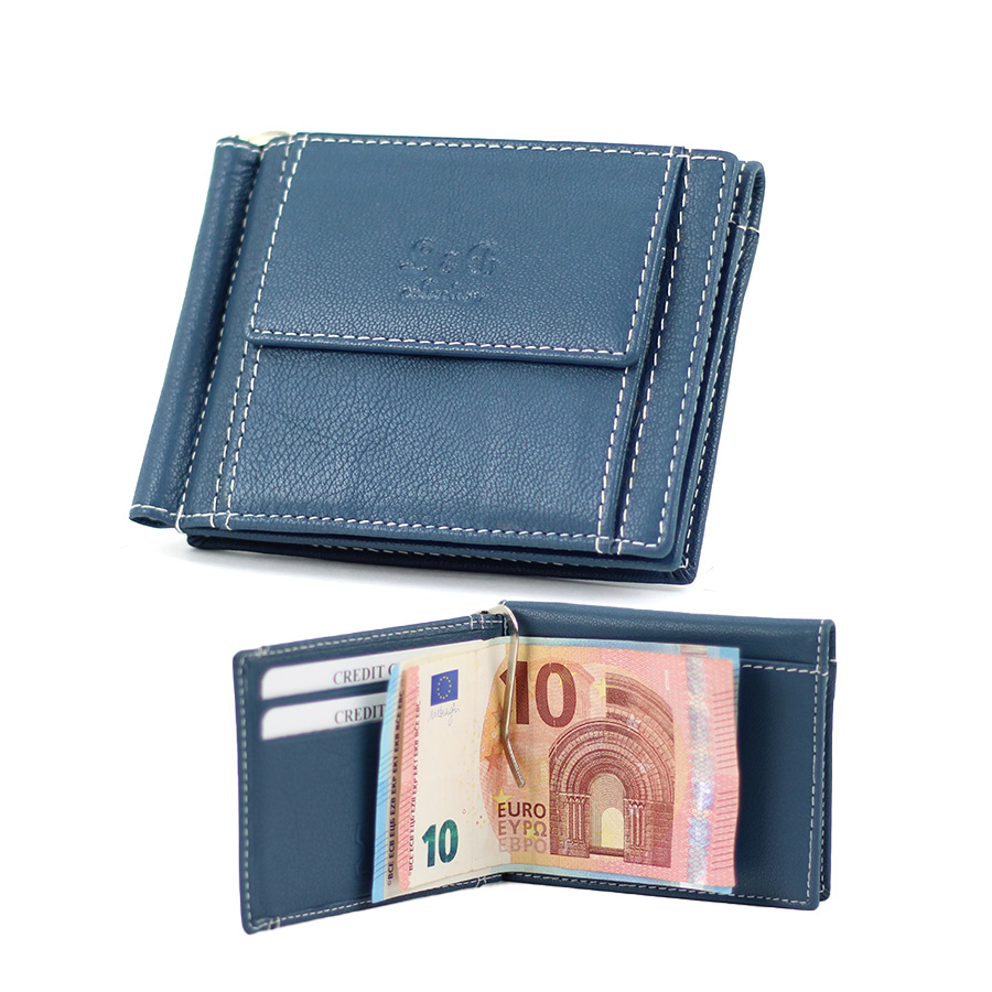 Herren Geldbörse blau aus Ziegenleder mit Geldschein-Klammer Querformat ohne RFID Schutz