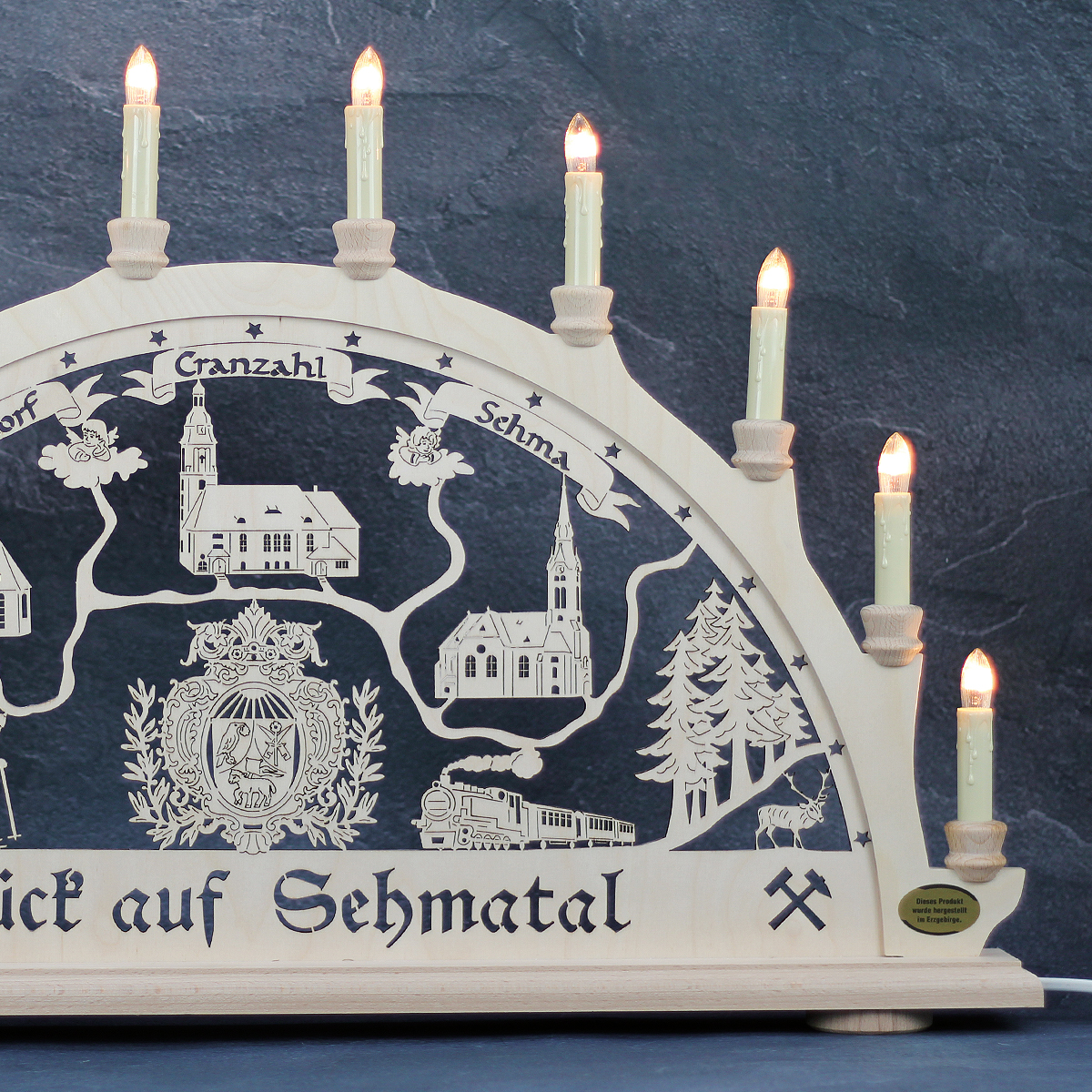 Erzgebirgs - Schwibbogen 'Sehmatal' 10 flammig (LED Optional) 66x6x44cm