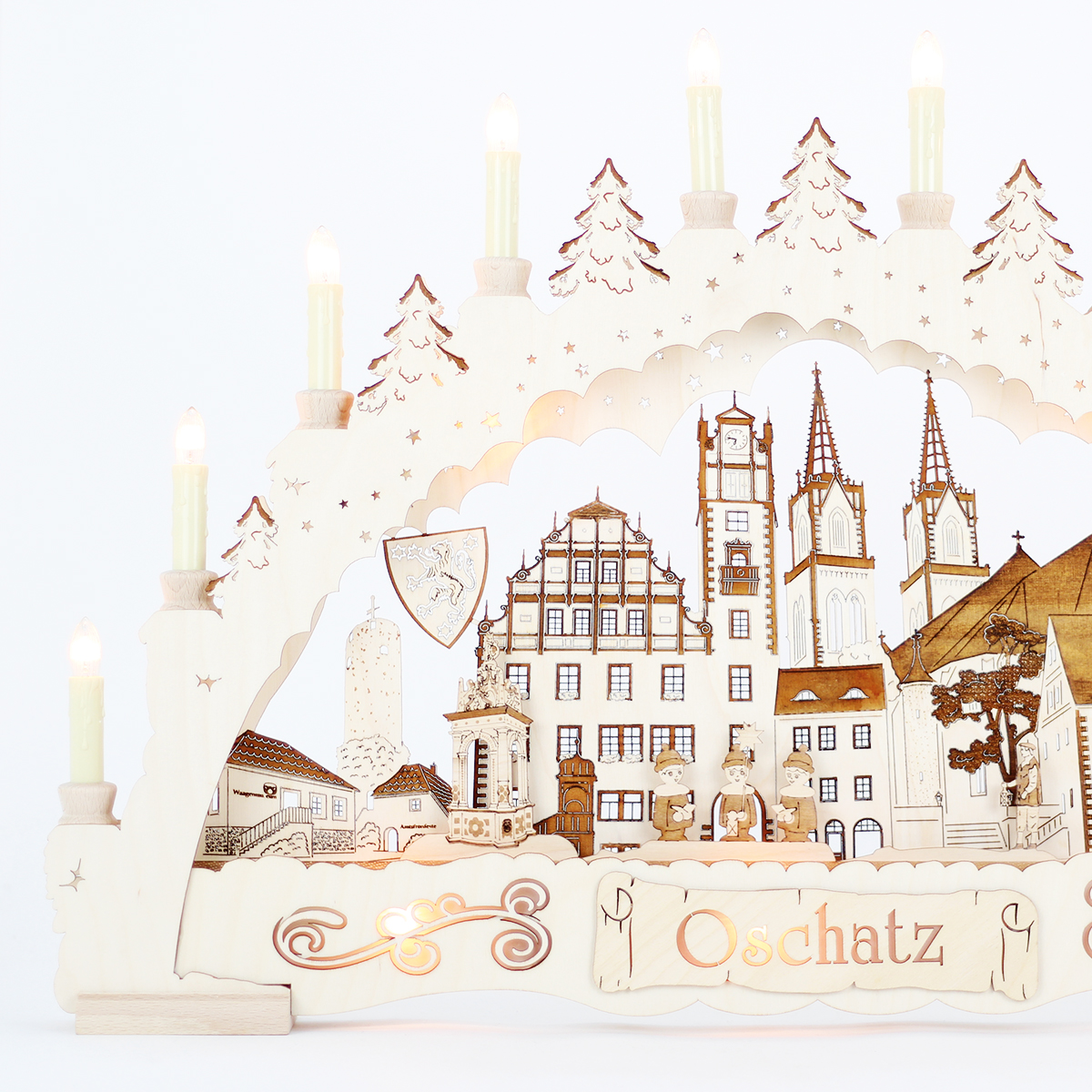 Erzgebirgs - Schwibbogen 3D 'Oschatz Premium graviert' indirekt 15 flammig (LED Optional) 66x6x44cm