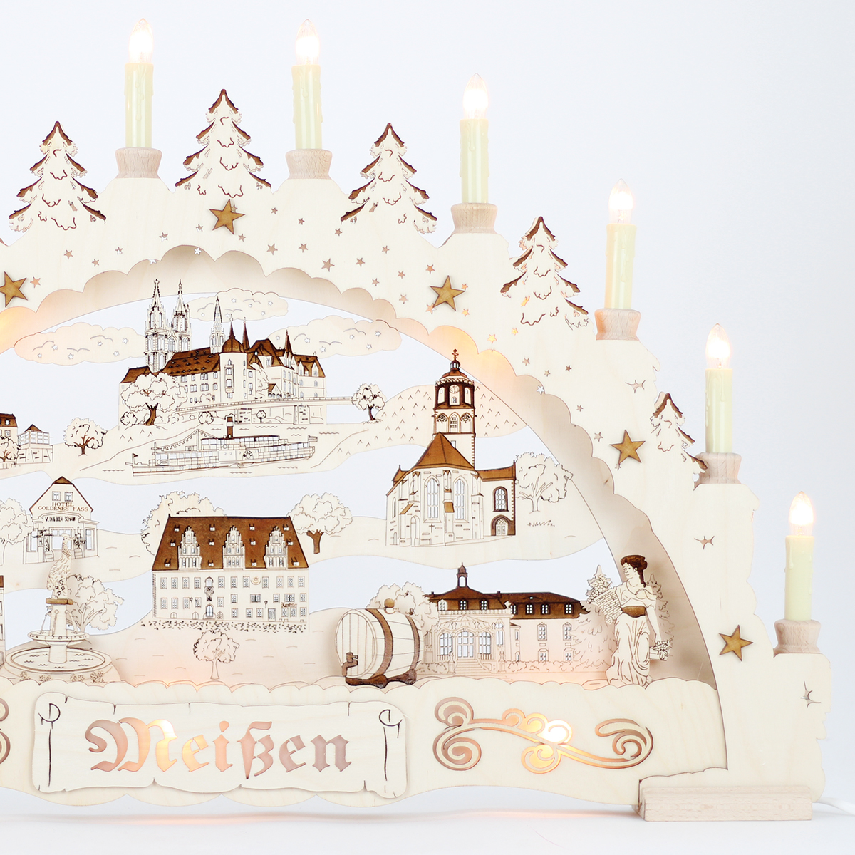 Erzgebirgs - Schwibbogen 3D 'Meißen' Premium graviert indirekt 15 flammig (LED Optional) 66x6x44cm