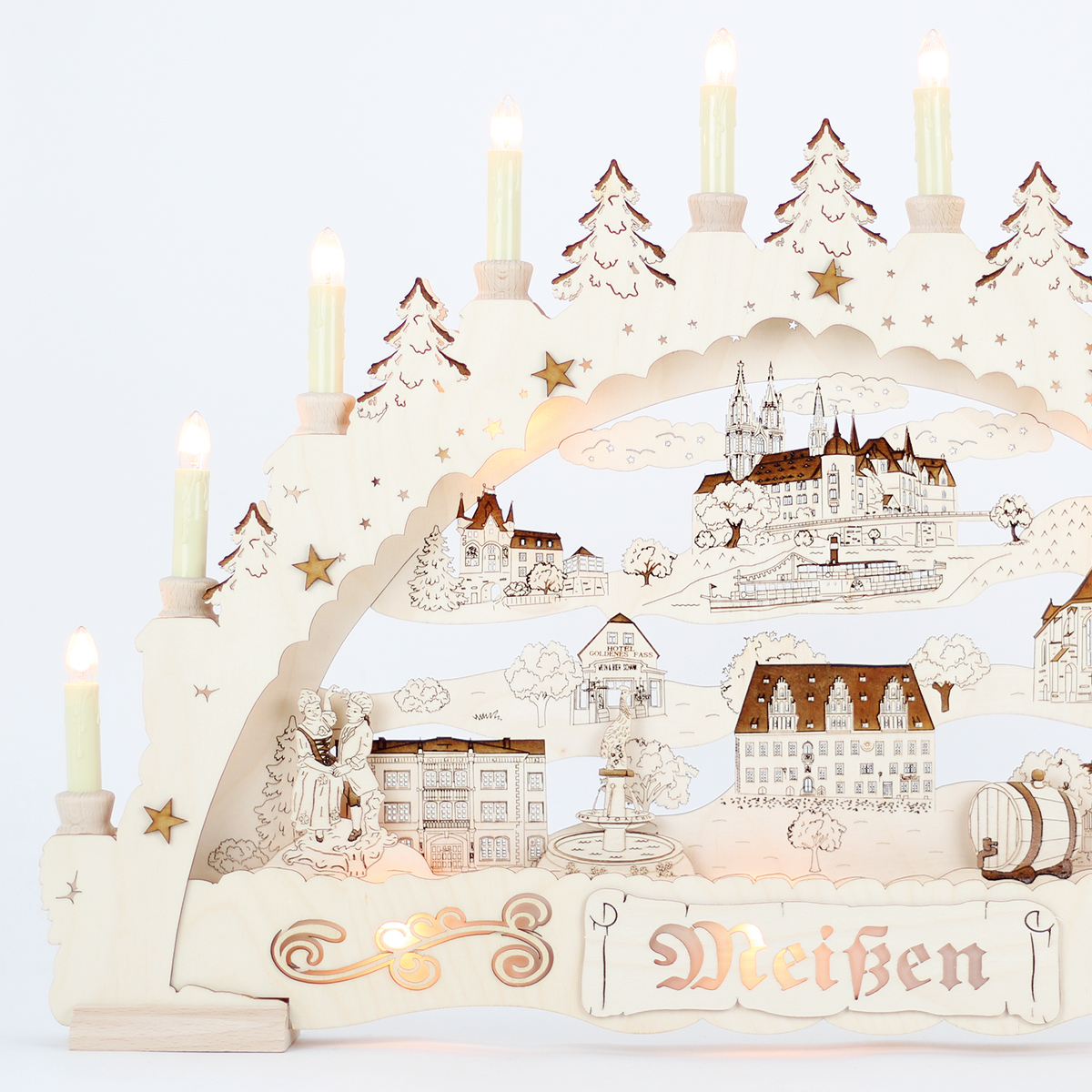 Erzgebirgs - Schwibbogen 3D 'Meißen' Premium graviert indirekt 15 flammig (LED Optional) 66x6x44cm