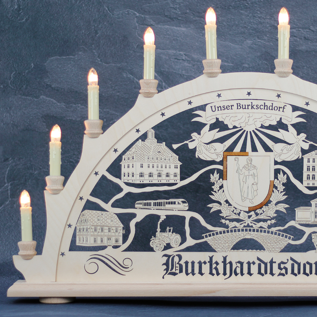 Erzgebirgs - Schwibbogen 'Burkhardtsdorf' '10 flammig' (LED Optional) 66x6x44cm