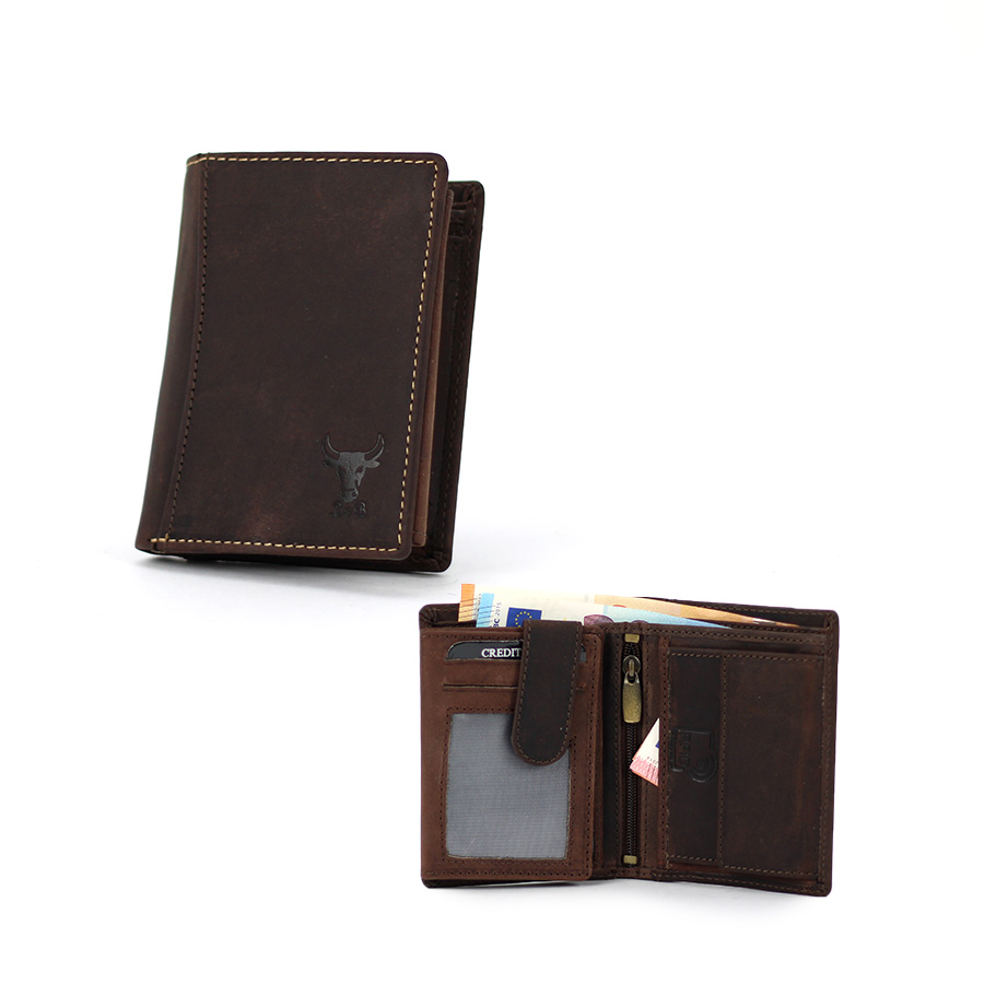 Herren Geldbörse braun aus Büffelleder kleines Hochformat Riegel mit Druckknopf & RFID Schutz