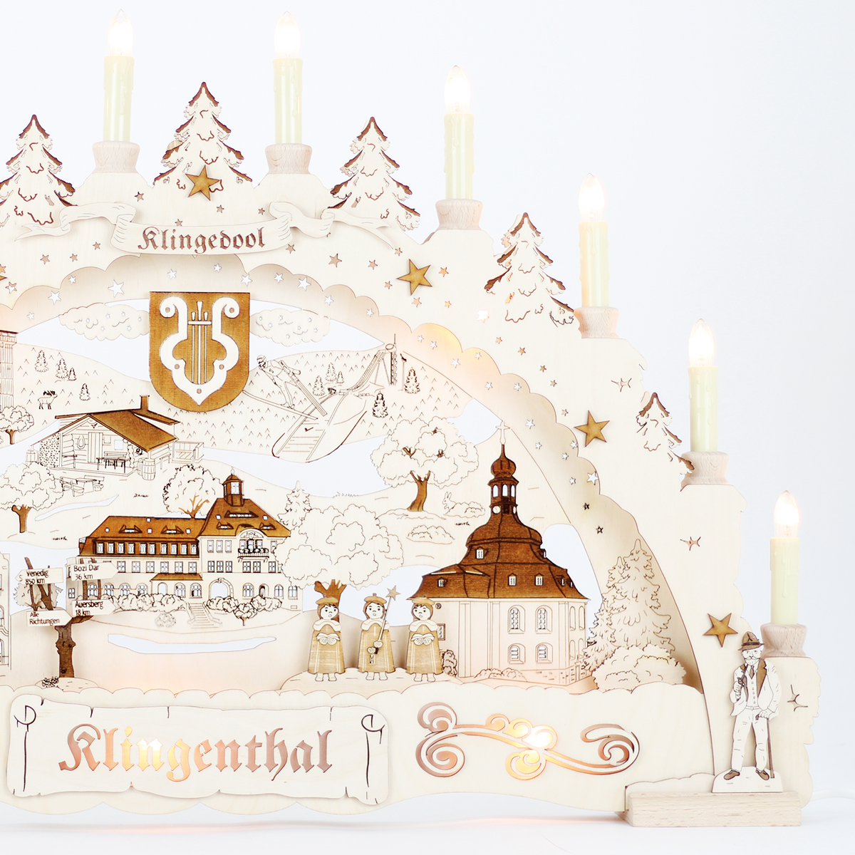 Erzgebirgs – Schwibbogen 3D 'Klingenthal Premium graviert' indirekt 15 flammig (LED Optional) 66x6x44cm