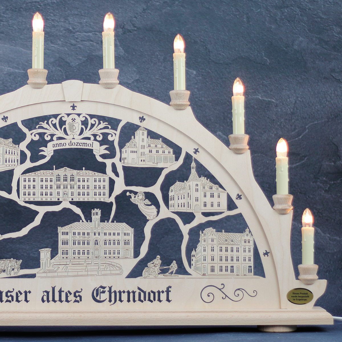 Erzgebirgs - Schwibbogen 'Unser altes Ehrndorf' 10 flammig (LED Optional) 66x6x44cm