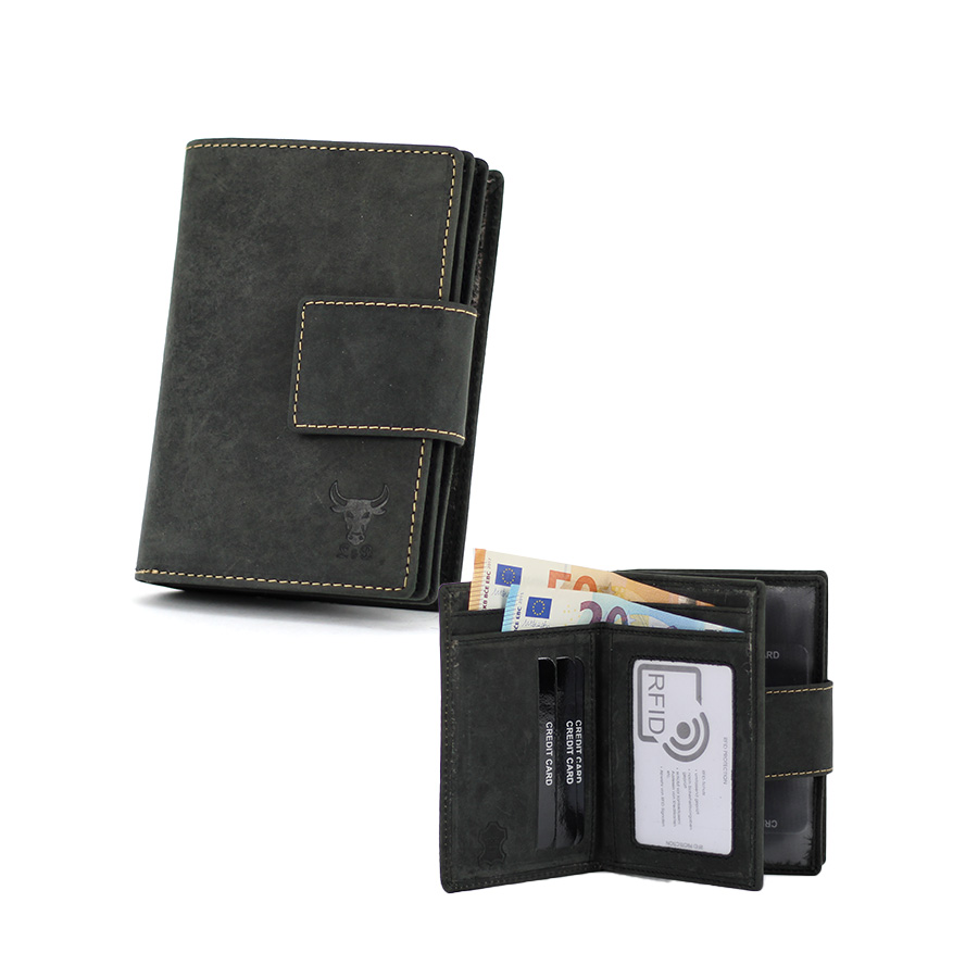 Damen Geldbörse schwarz aus Büffelleder Hochformat mit Druckknopf & RFID Schutz